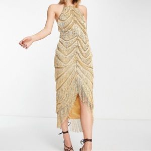 ASOS gold fringe embellished gown dress
